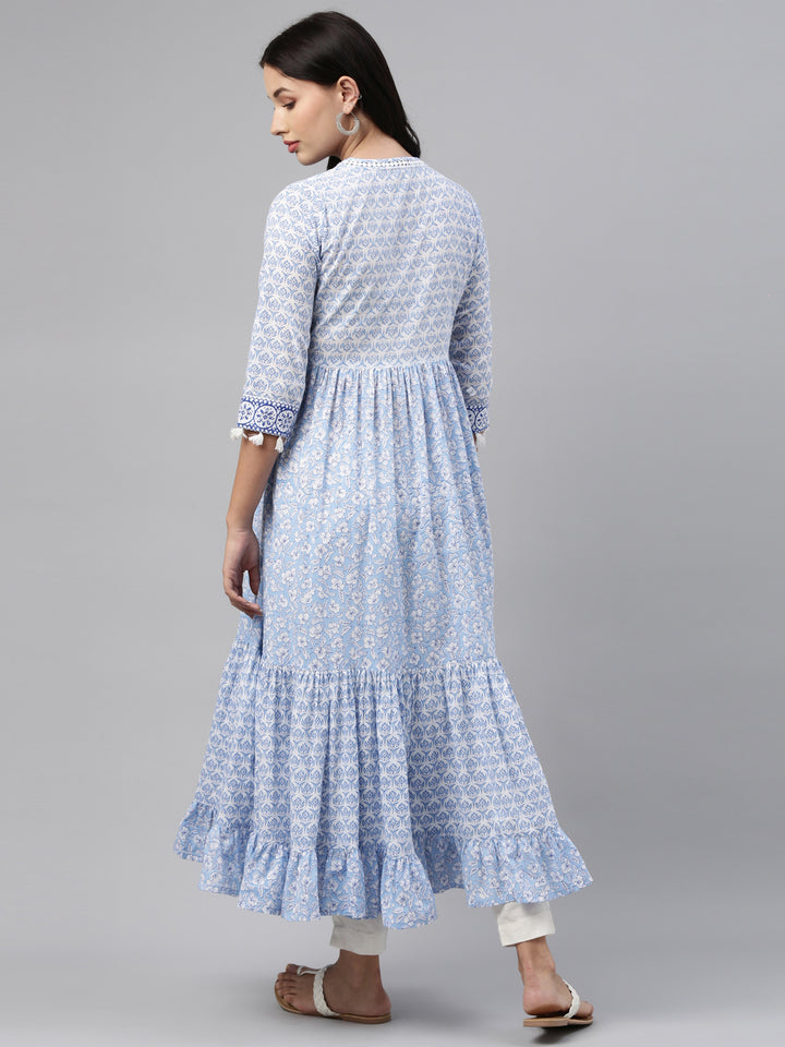 Neerus Blue cotton solid kurti tunic - detail view 2