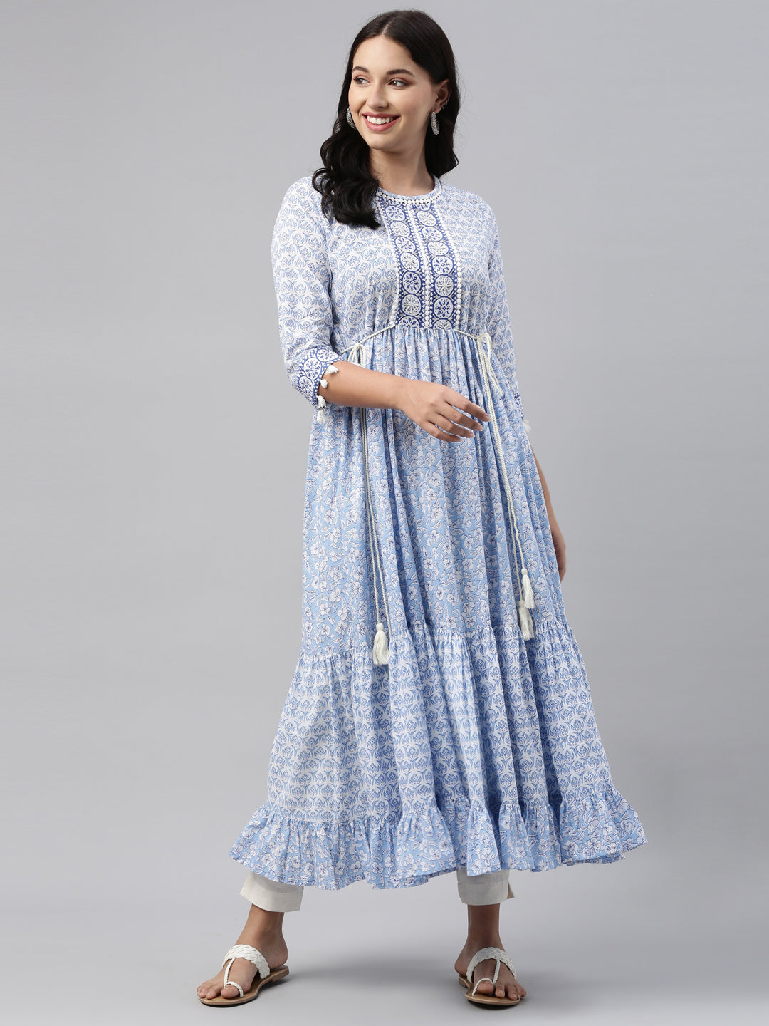 Neerus Blue cotton solid kurti tunic - front view