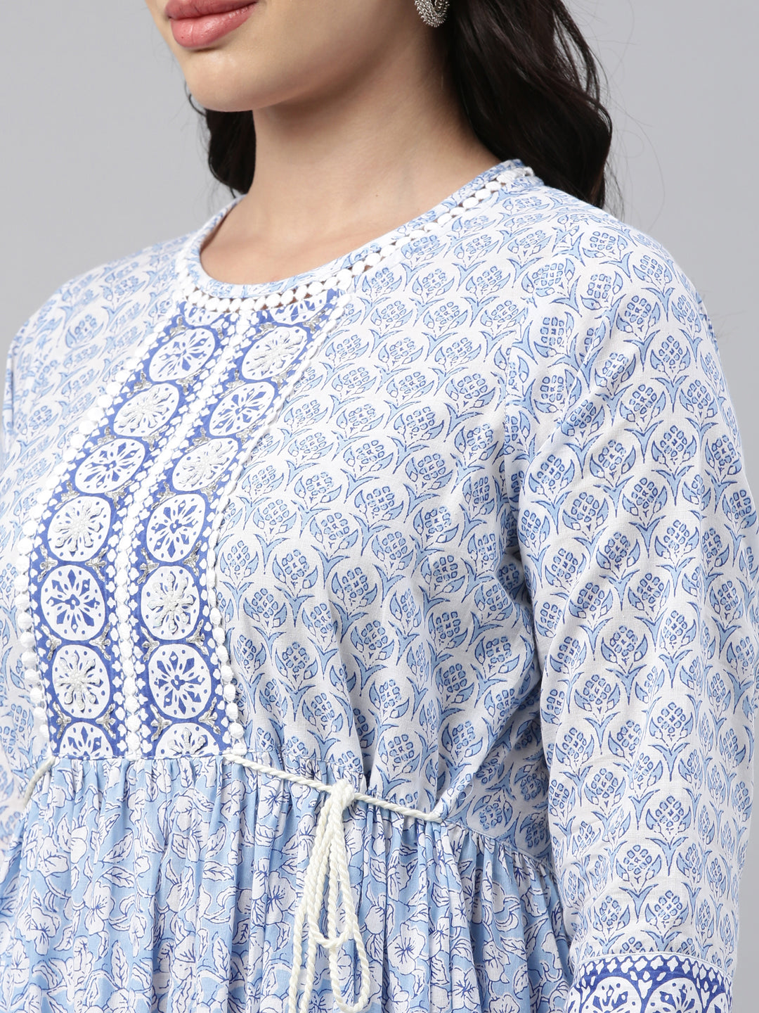 Neerus Blue cotton solid kurti tunic - detail view 3