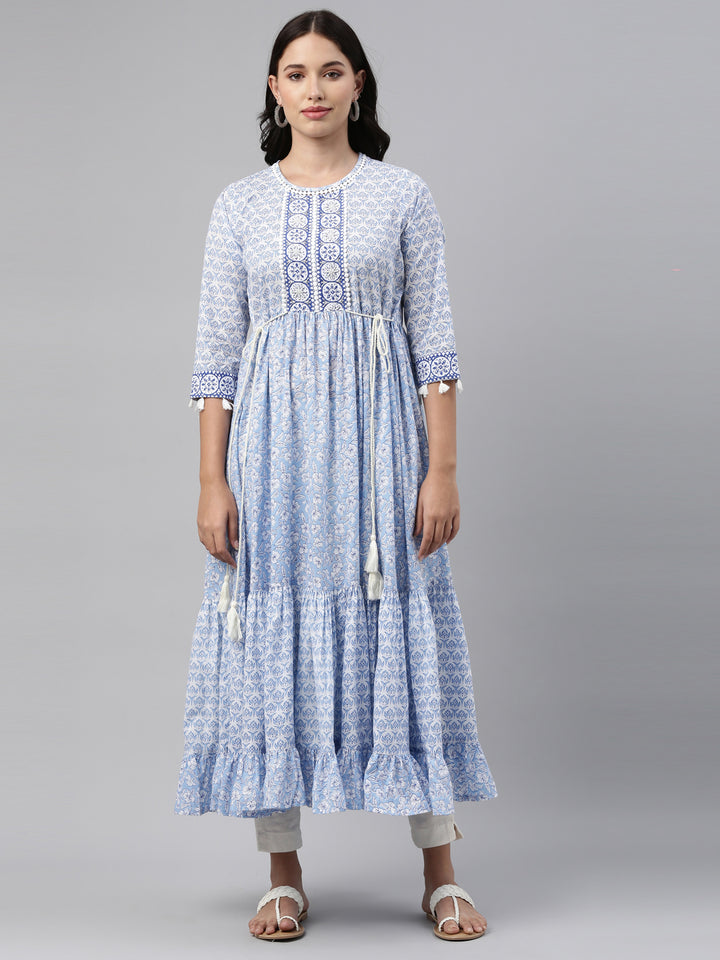 Neerus Blue cotton solid kurti tunic - detail view 4