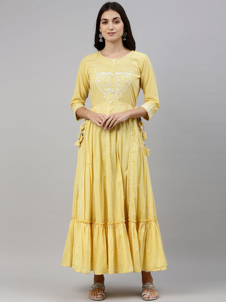 Neerus Yellow cotton solid kurti - front view