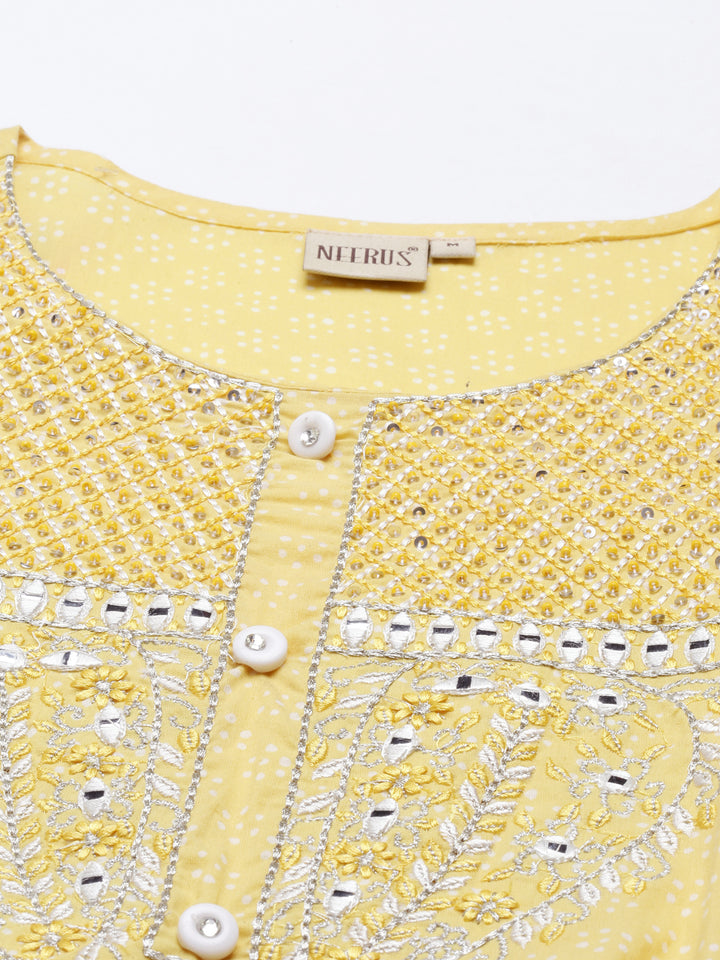 Neerus Yellow cotton solid kurti - back view
