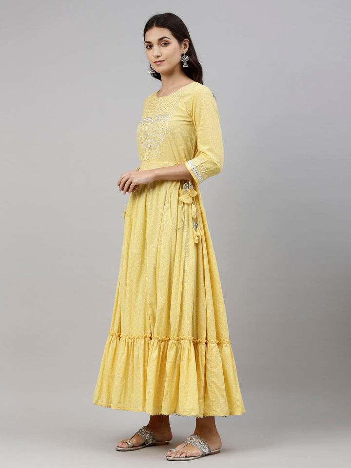 Neerus Yellow cotton solid kurti - detail view 1
