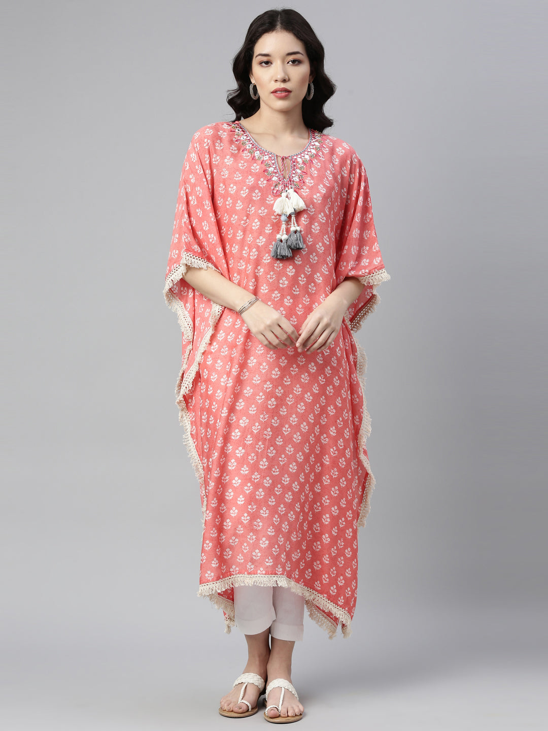 Neerus Pink muslin mirror work kaftan kurti - detail view 3