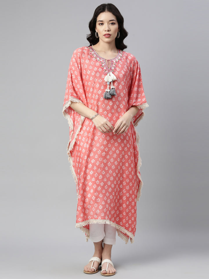 Neerus Pink muslin mirror work kaftan kurti - detail view 3