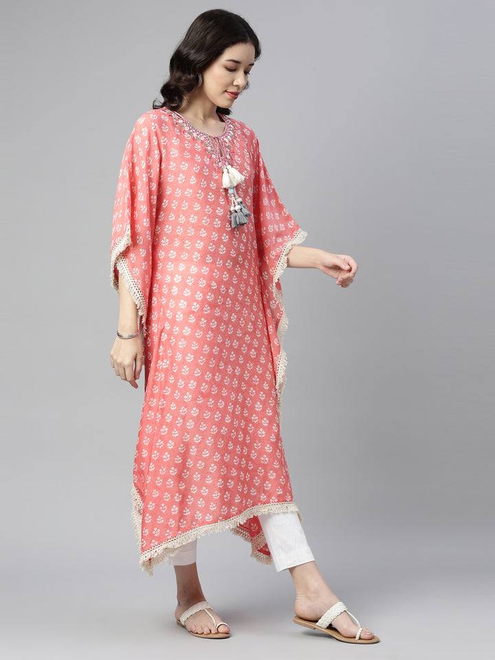 Neerus Pink muslin mirror work kaftan kurti - front view