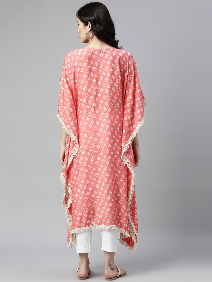 Neerus Pink muslin mirror work kaftan kurti - back view