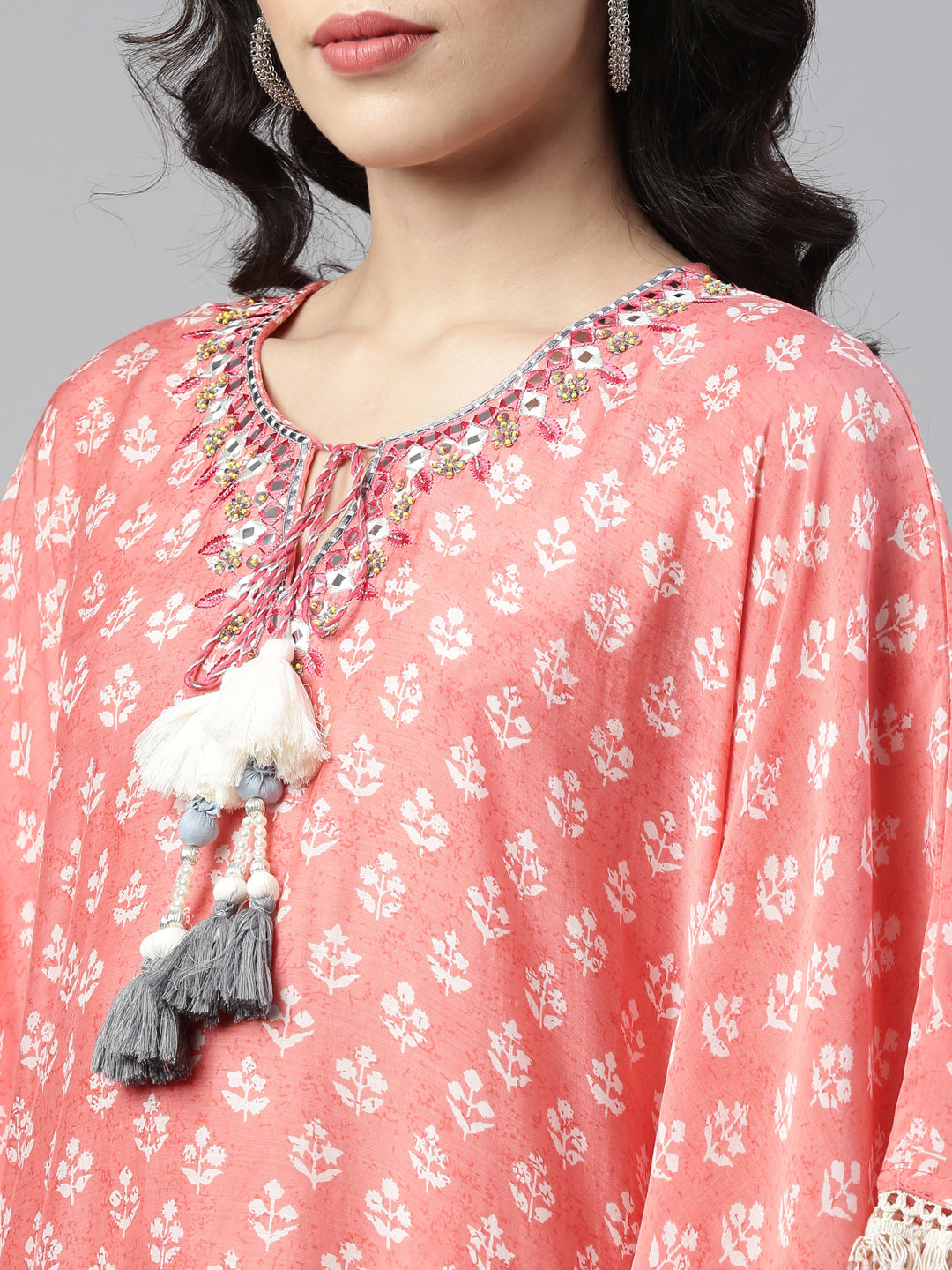 Neerus Pink muslin mirror work kaftan kurti - side view