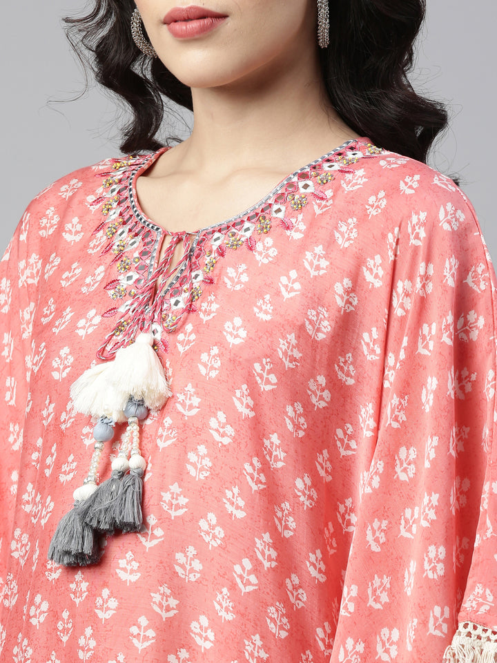 Neerus Pink muslin mirror work kaftan kurti - side view