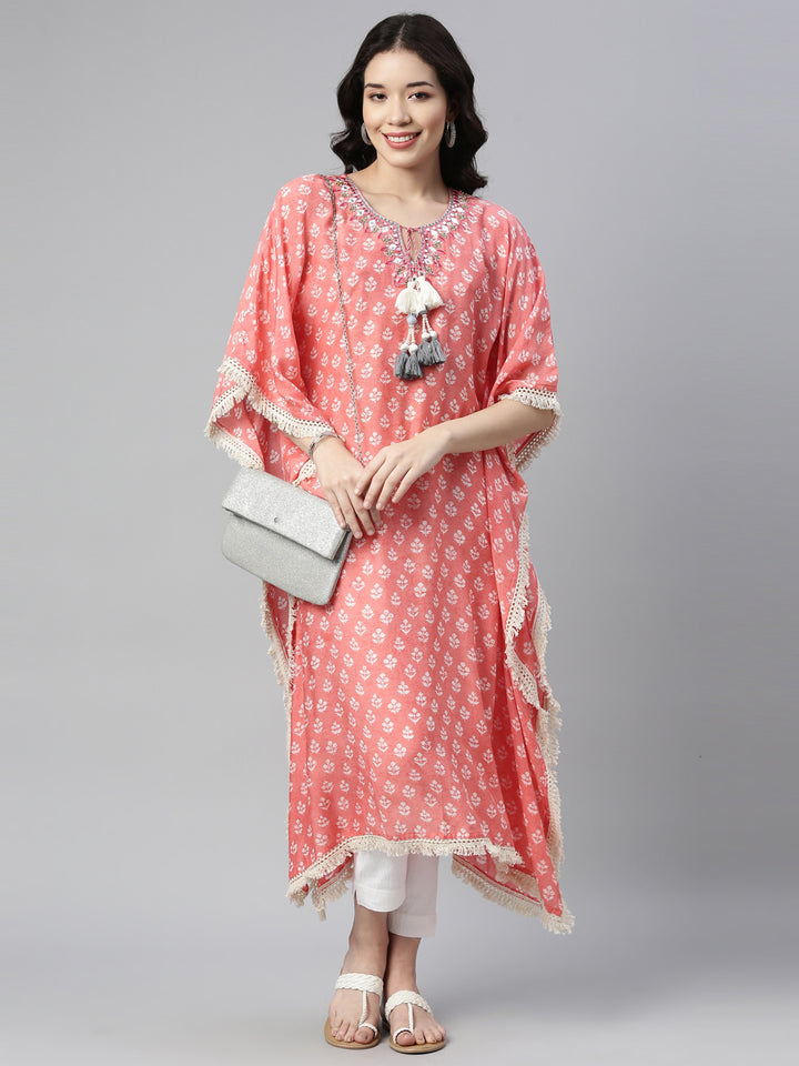 Neerus Pink muslin mirror work kaftan kurti - detail view 1