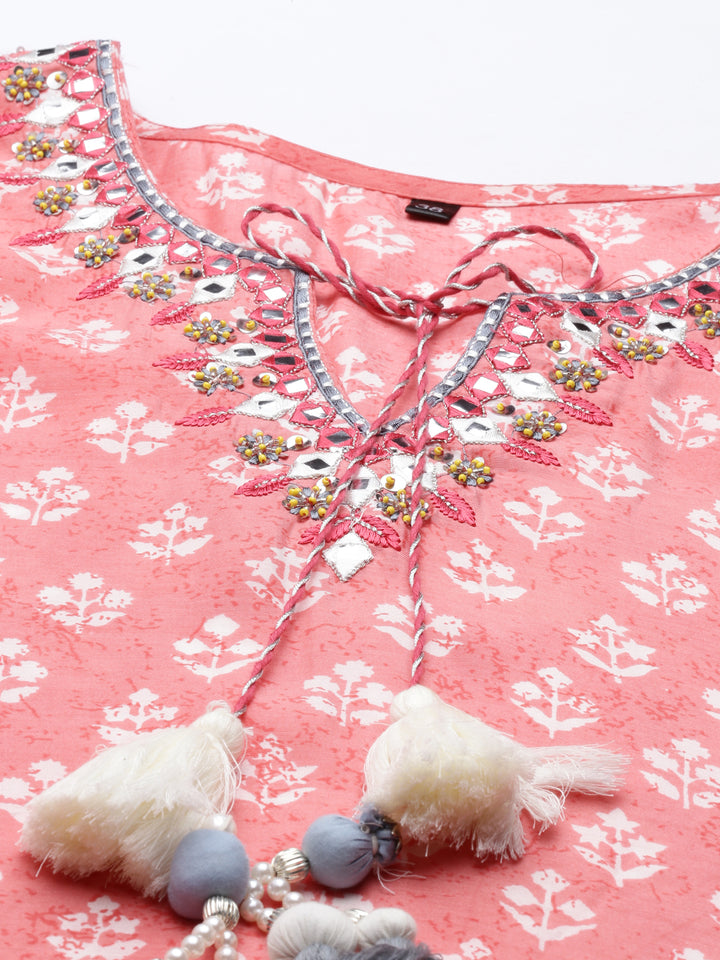 Neerus Pink muslin mirror work kaftan kurti - detail view 2