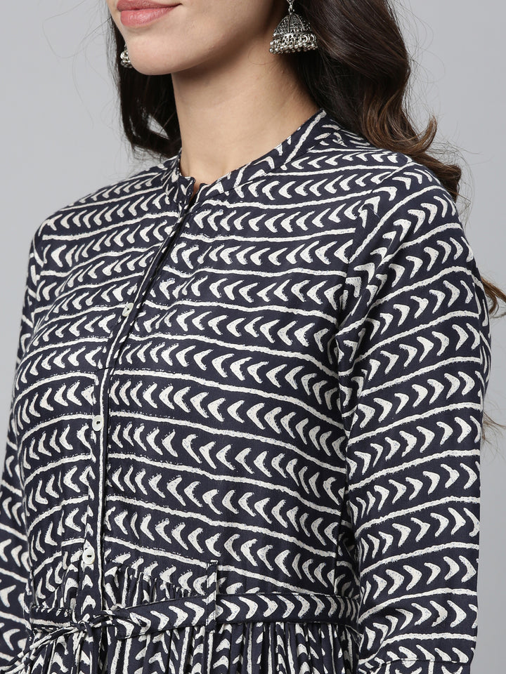 Neerus Blue Rayon Printed Anarkali Kurti - side view