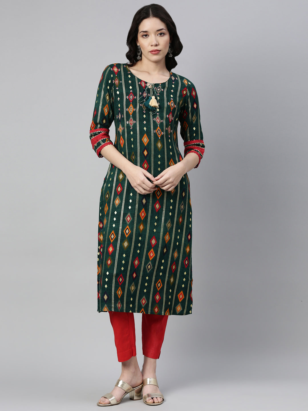 Neerus Green rayon embellished kurta - front view
