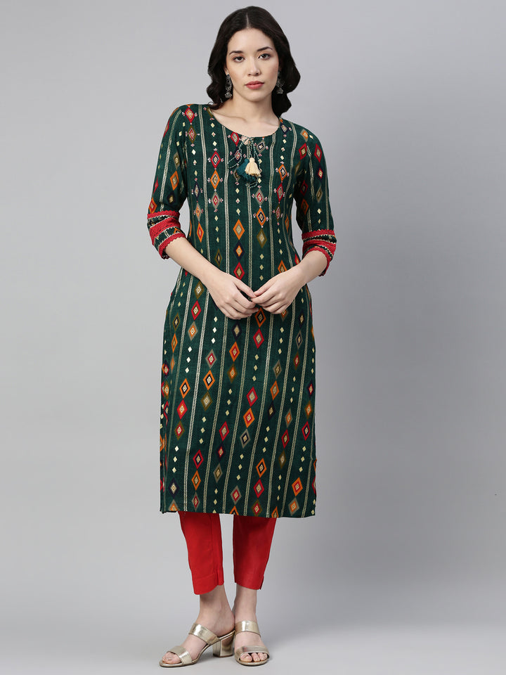 Neerus Green rayon embellished kurta - front view