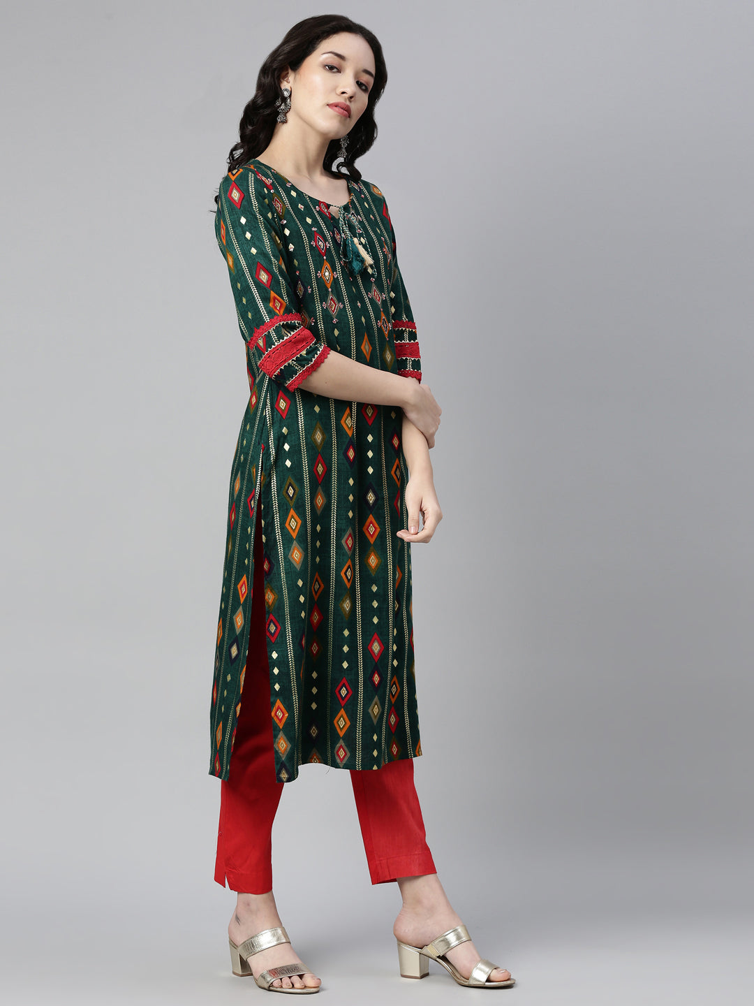 Neerus Green rayon embellished kurta - back view