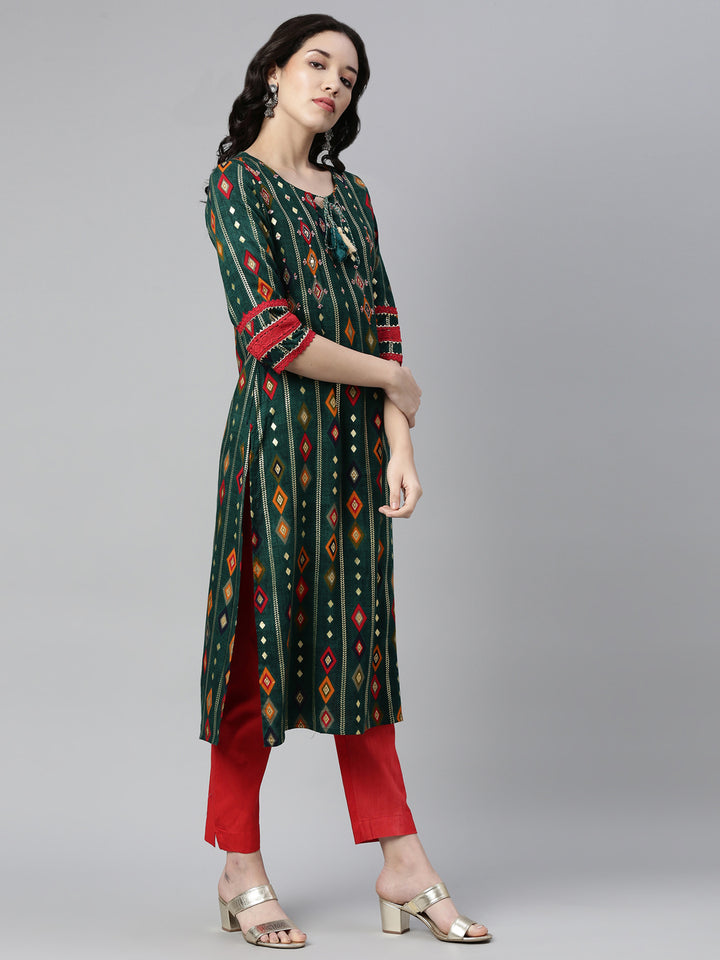 Neerus Green rayon embellished kurta - back view