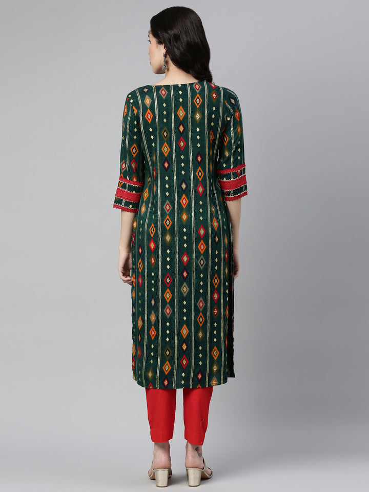 Neerus Green rayon embellished kurta - side view