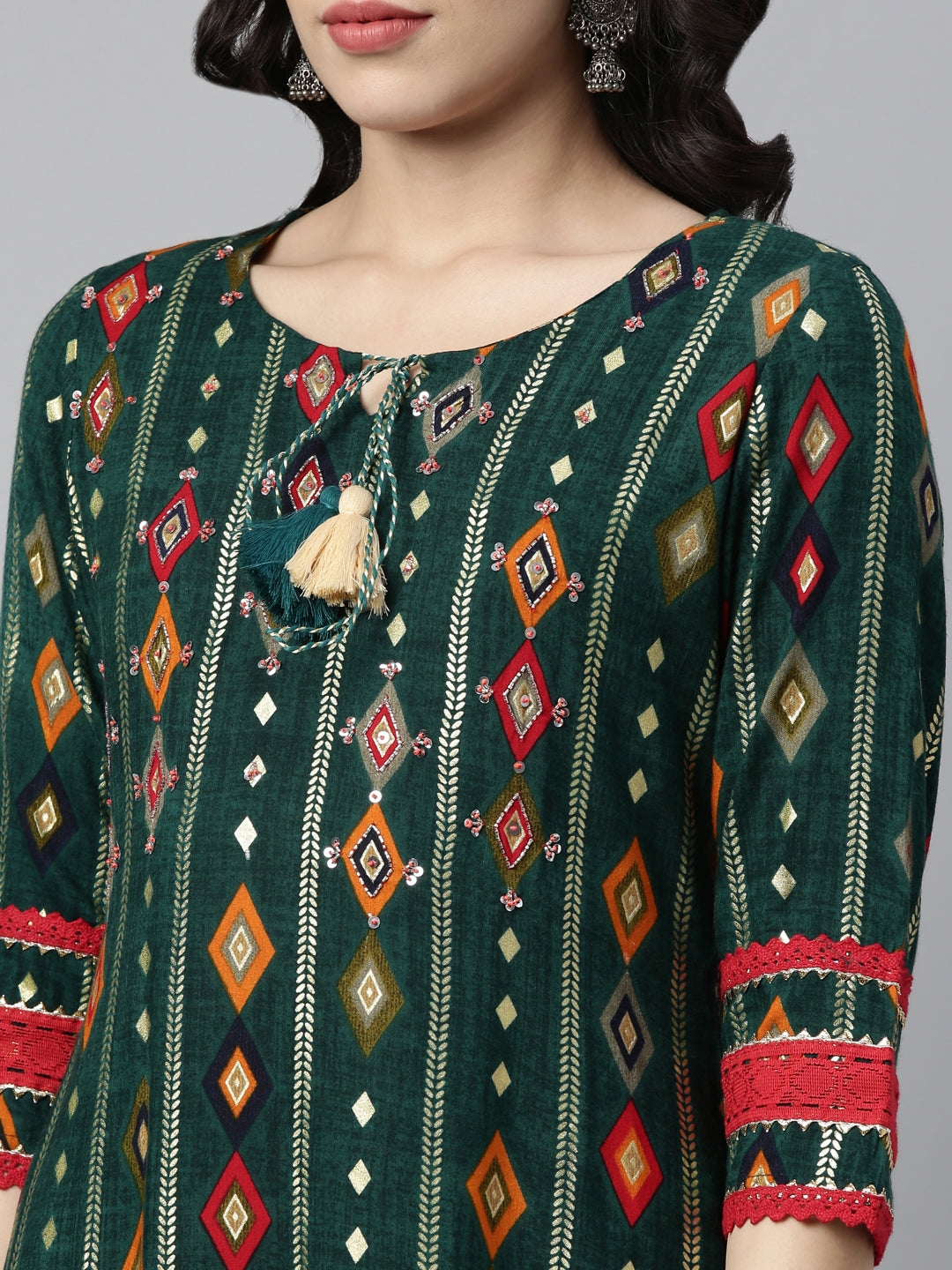 Neerus Green rayon embellished kurta - detail view 1
