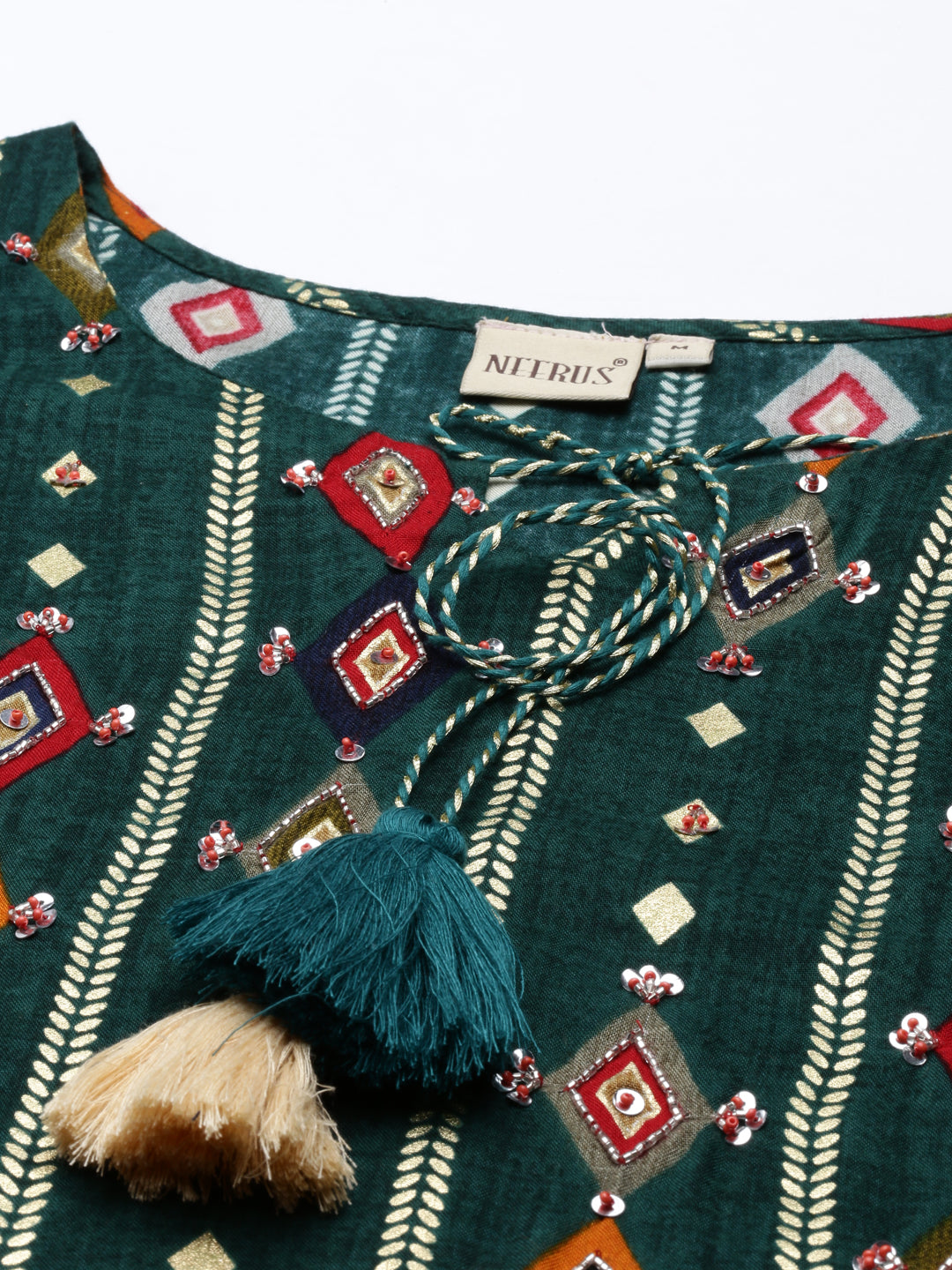 Neerus Green rayon embellished kurta - detail view 4