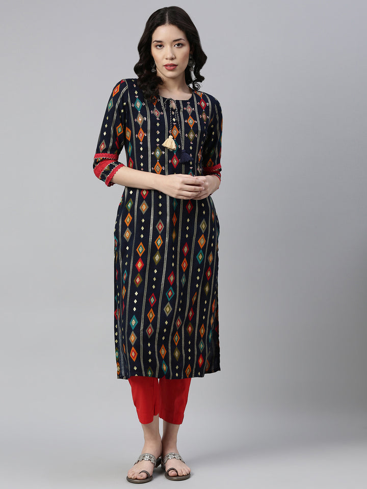 Neerus Blue Rayon Embellished Kurta - detail view 4