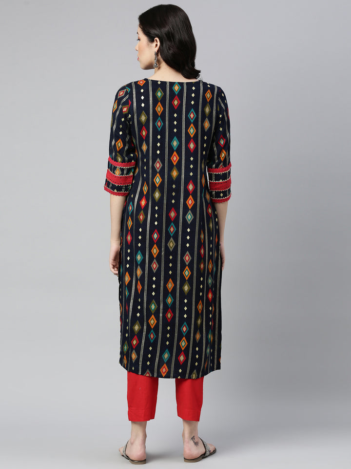Neerus Blue Rayon Embellished Kurta - back view