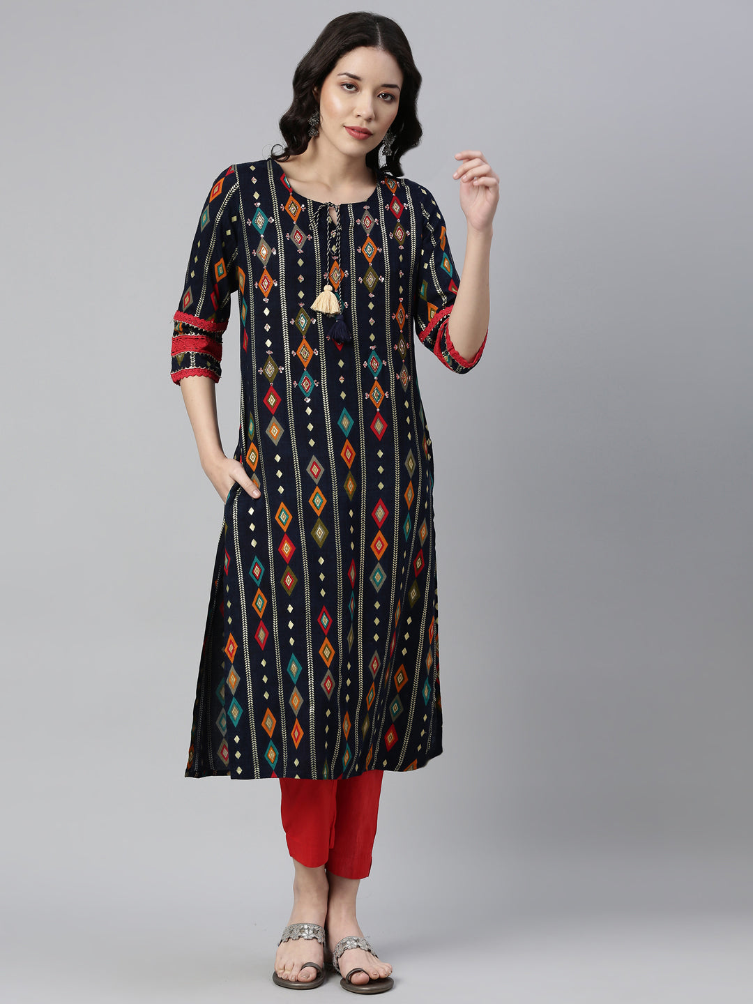 Neerus Blue Rayon Embellished Kurta - detail view 1