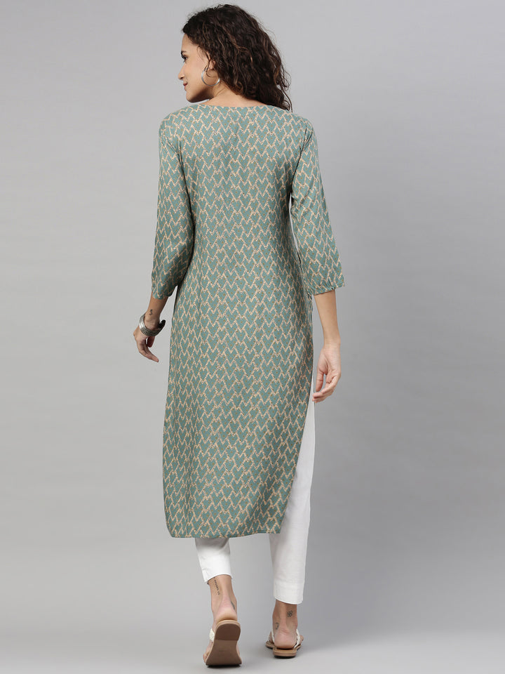Neerus Green rayon embroidered kurti geometric print - back view