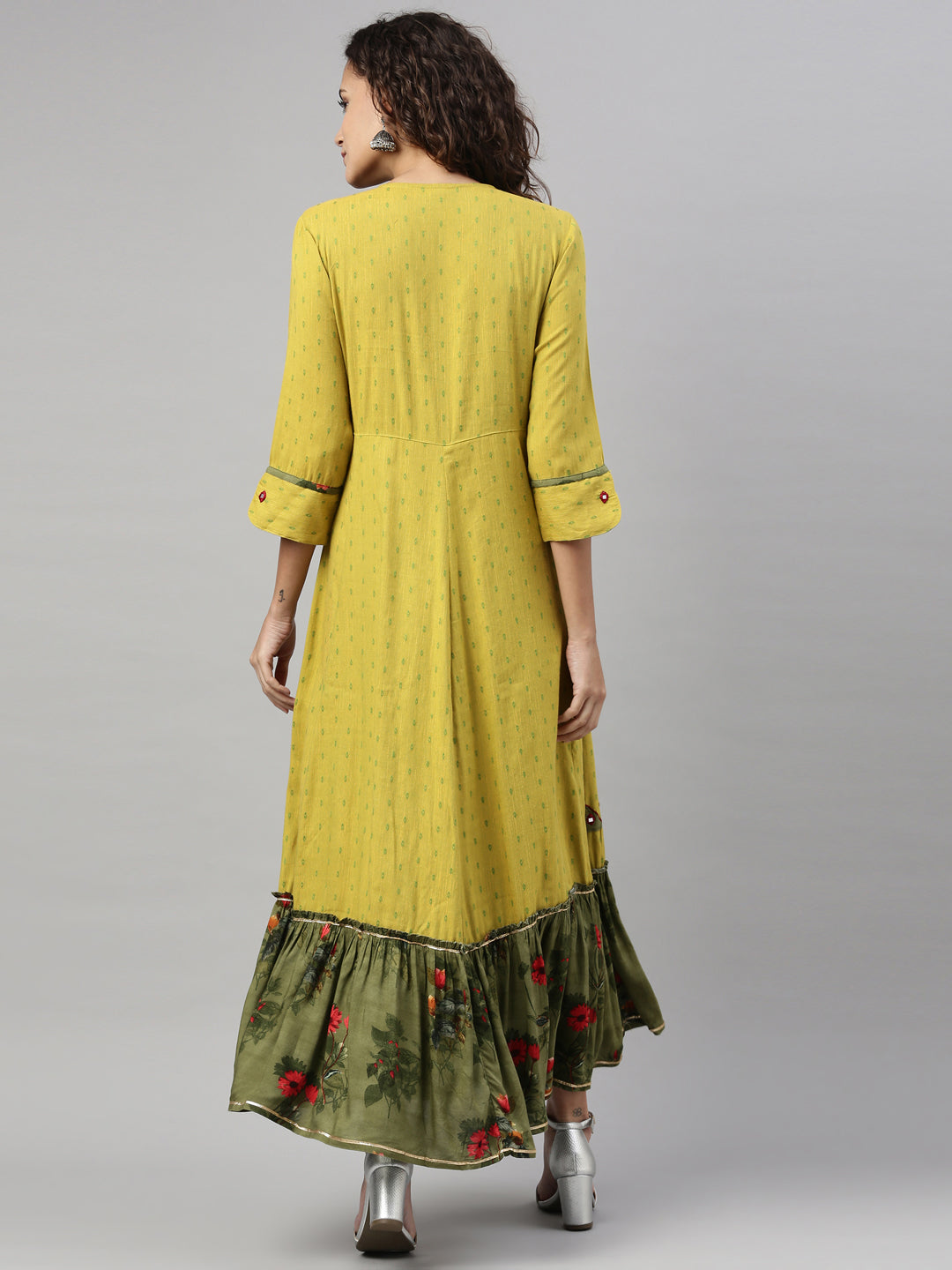 Neerus Green viscose rayon embellished anarkali kurta - back view