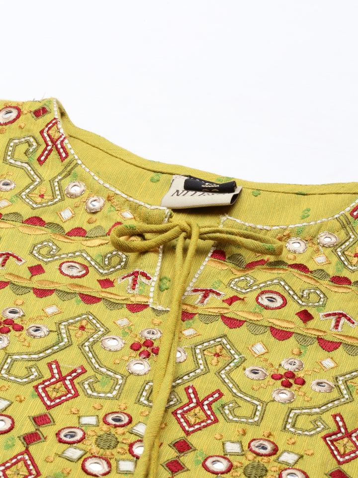 Neerus Green viscose rayon embellished anarkali kurta - detail view 2