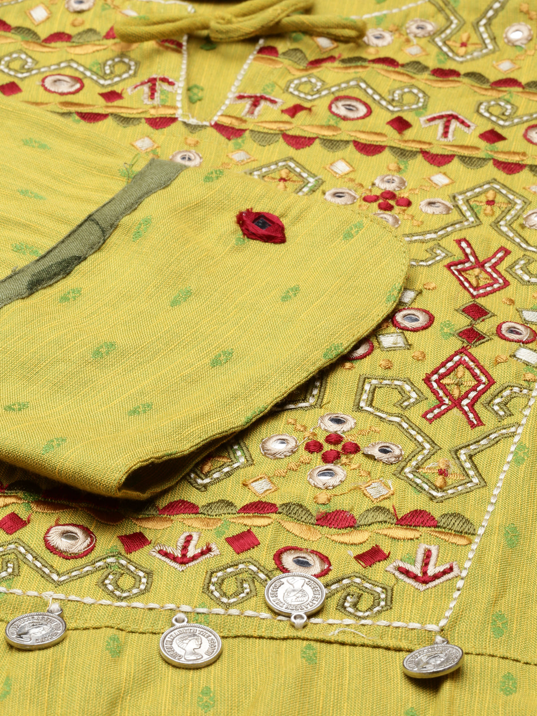 Neerus Green viscose rayon embellished anarkali kurta - detail view 3