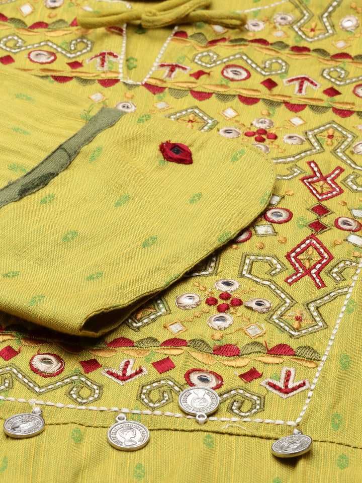 Neerus Green viscose rayon embellished anarkali kurta - detail view 3