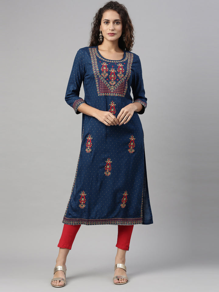 Neerus Blue rayon embroidered straight kurti - detail view 4
