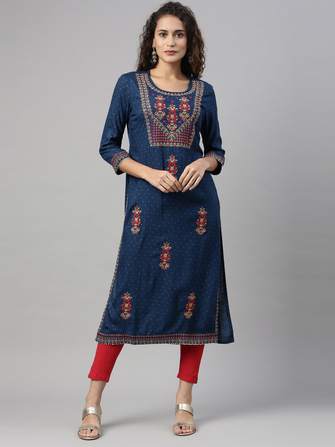 Neeru's Navy Blue Color Slub Rayon Fabric Kurta