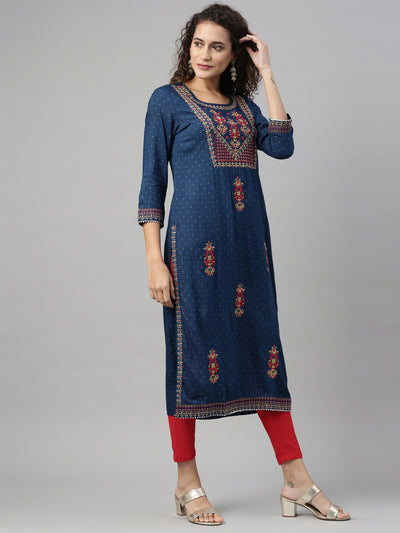 Neeru's Navy Blue Color Slub Rayon Fabric Kurta