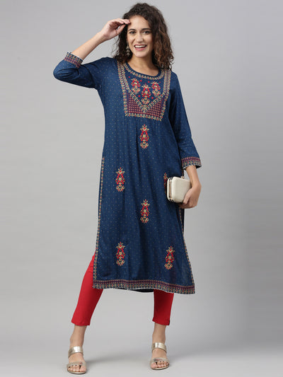 Neeru's Navy Blue Color Slub Rayon Fabric Kurta