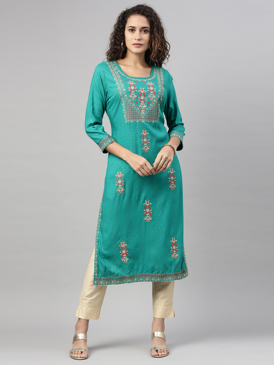 Neerus Green rayon embroidered kurti - front view