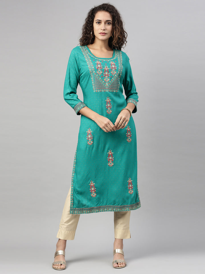 Neerus Green rayon embroidered kurti - front view