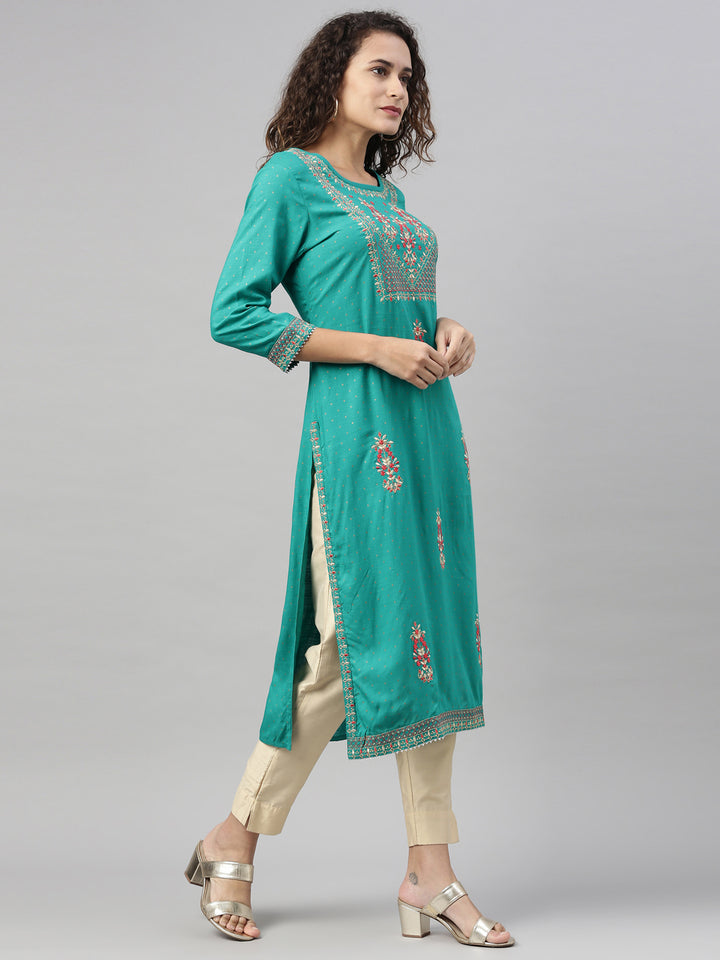 Neerus Green rayon embroidered kurti - back view