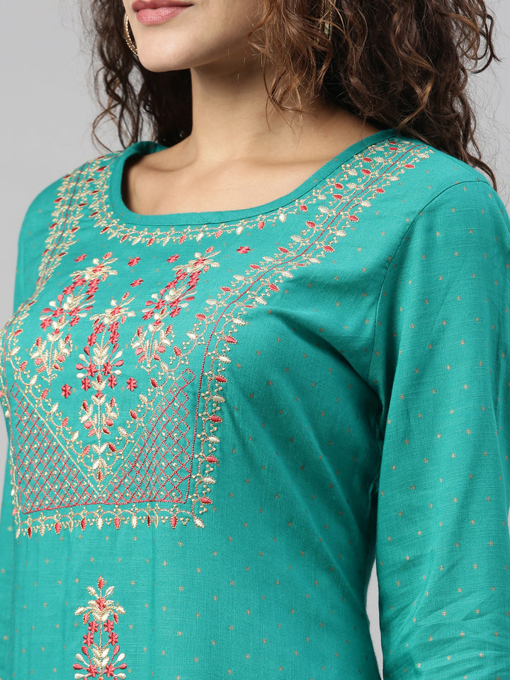 Neerus Green rayon embroidered kurti - detail view 1