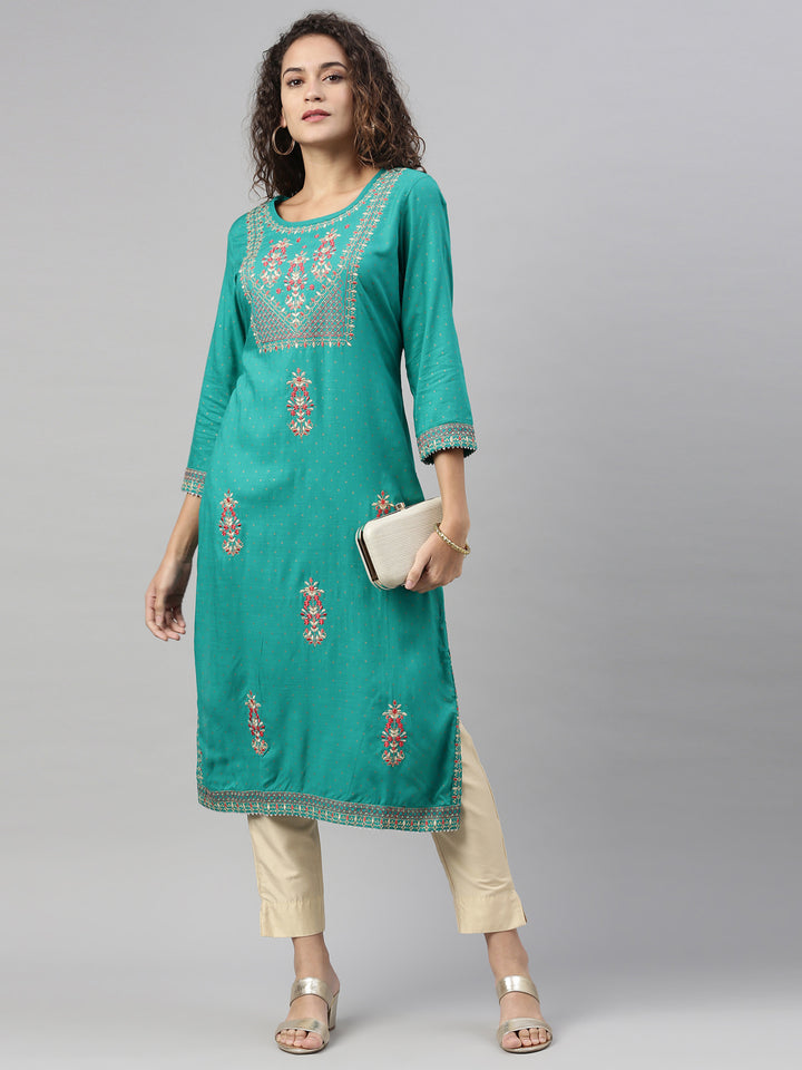 Neerus Green rayon embroidered kurti - detail view 2