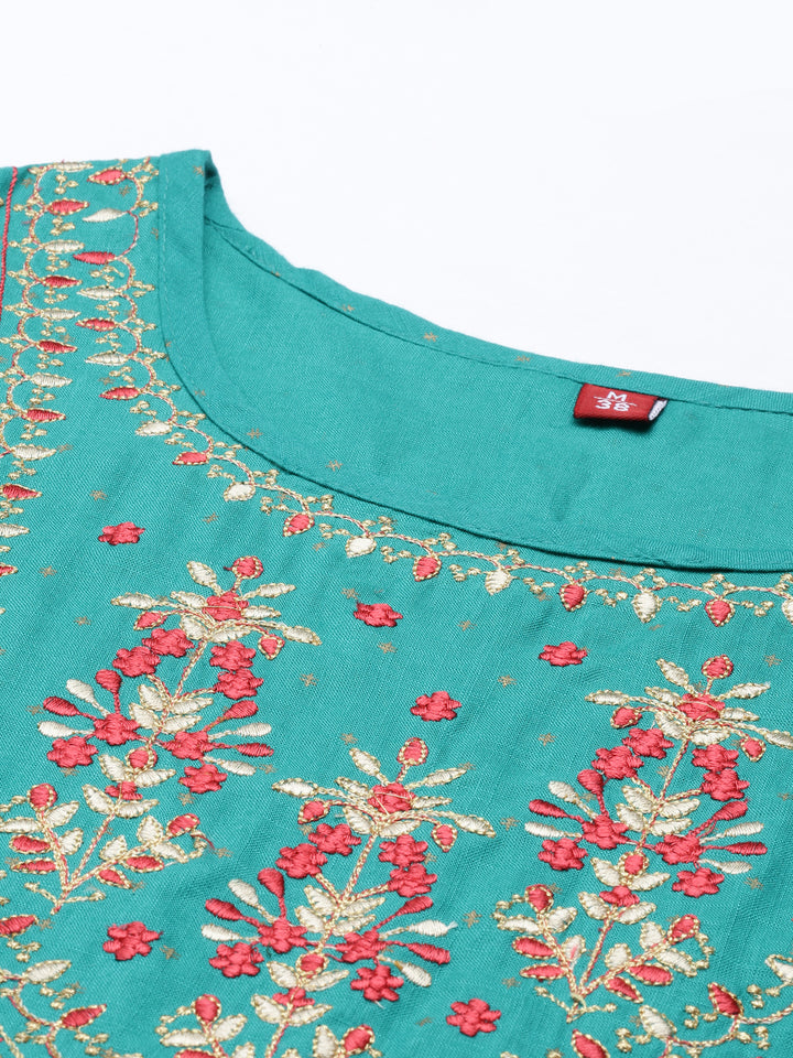 Neerus Green rayon embroidered kurti - detail view 3