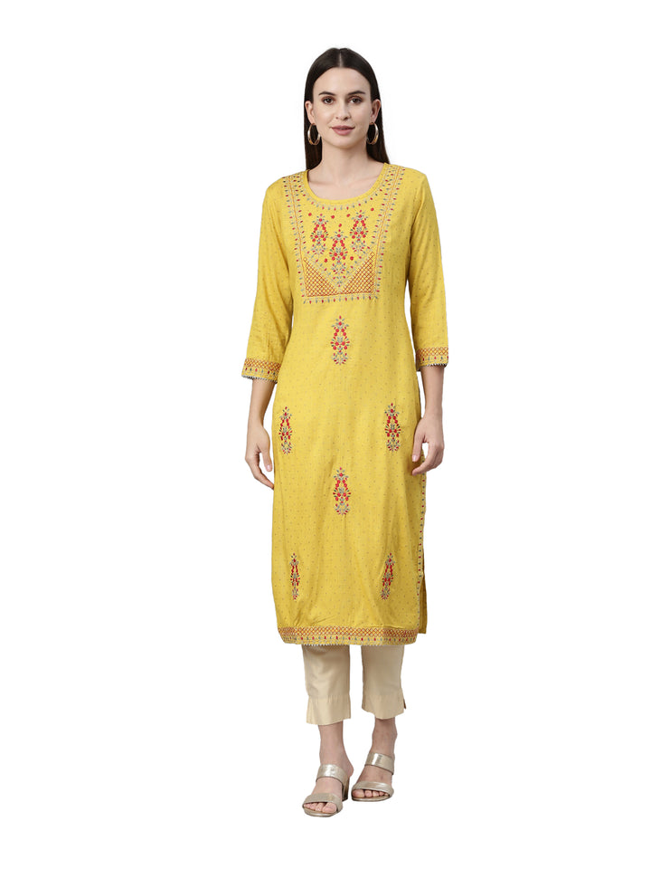 Neerus Yellow Color Slub Rayon Fabric Kurta