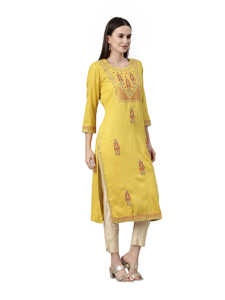 Neerus Yellow Color Slub Rayon Fabric Kurta