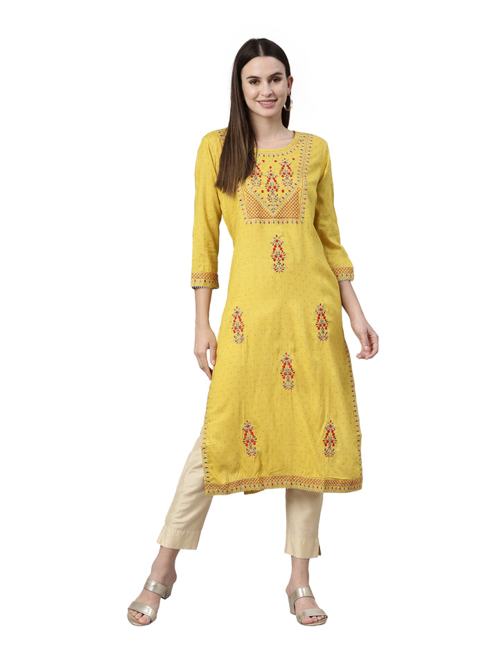 Neerus Yellow Color Slub Rayon Fabric Kurta