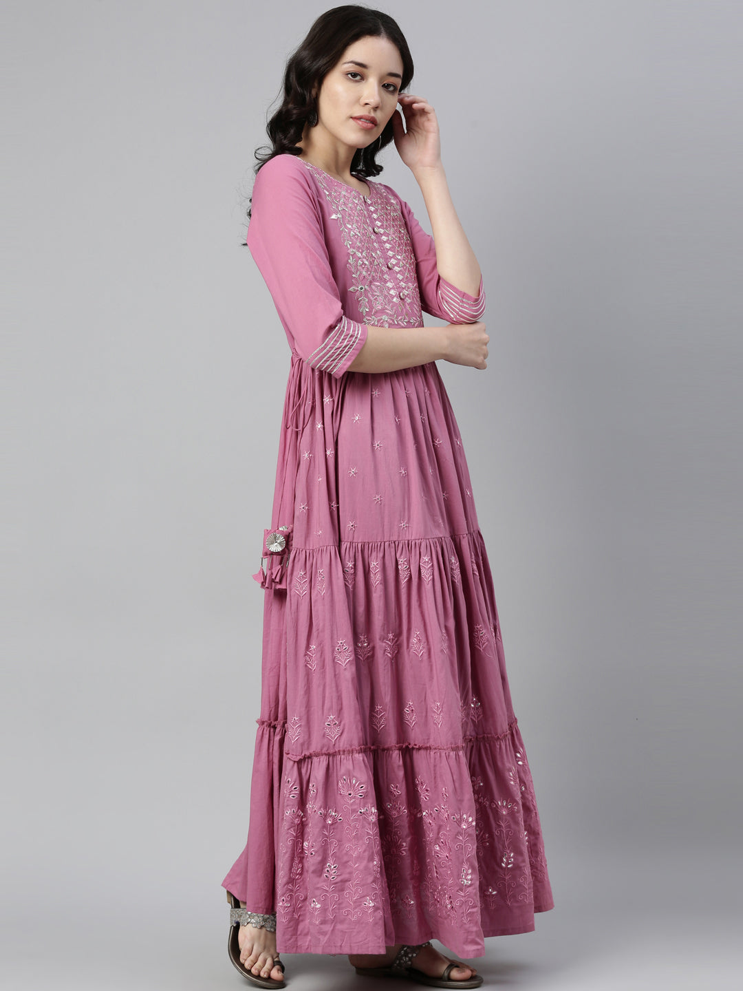 Neerus Purple cotton thread embroidered anarkali kurti - front view