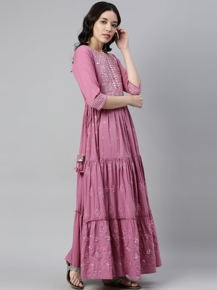 Neerus Purple cotton thread embroidered anarkali kurti - front view