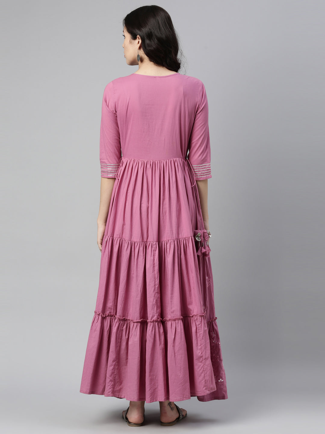 Neerus Purple cotton thread embroidered anarkali kurti - back view