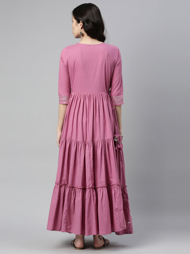 Neerus Purple cotton thread embroidered anarkali kurti - back view
