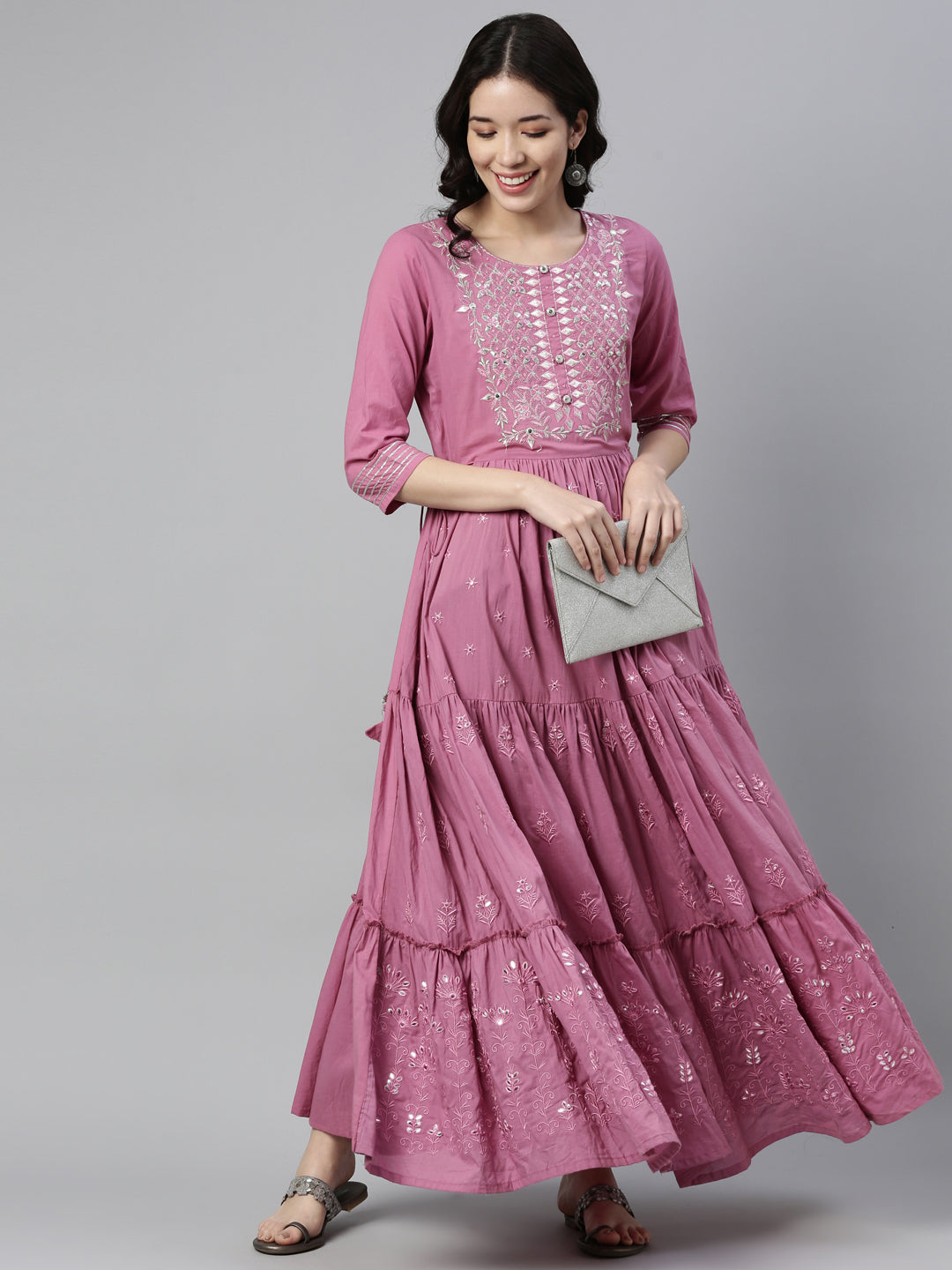 Neerus Purple cotton thread embroidered anarkali kurti - detail view 1