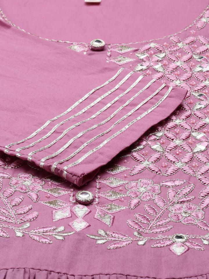 Neerus Purple cotton thread embroidered anarkali kurti - detail view 3